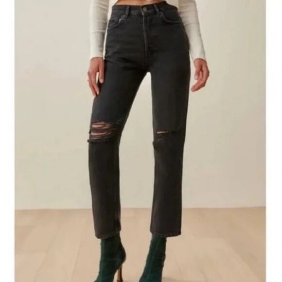 Reformation Cynthia High Rise Straight Jeans Destroyed Black Lagoon Size 26 - Picture 2 of 10